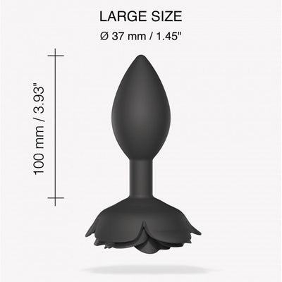 Large black silicone anal plug with decorative open rose base, measuring 100mm length and 37mm diameter.
