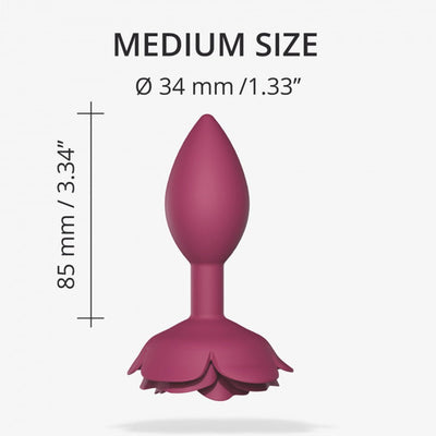 Medium-sized plum-colored anal plug with rose petal base, 85mm length and 34mm diameter, ergonomic design.