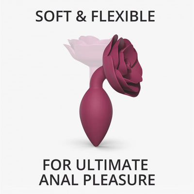 Medium plum-colored anal plug with a rose-shaped base, soft and flexible for comfortable use.