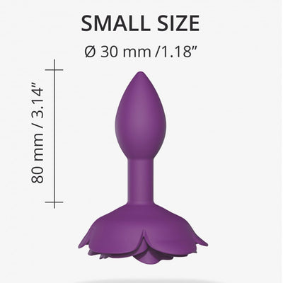Small purple silicone anal plug with rose petal base, measuring 8 cm length and 3 cm diameter.