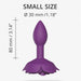 Small purple silicone anal plug with rose petal base, measuring 8 cm length and 3 cm diameter.