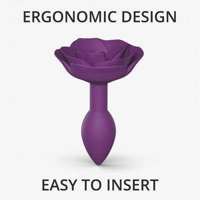 Purple rose-shaped anal plug with ergonomic design, easy to insert and smooth silicone finish.