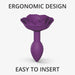 Purple rose-shaped anal plug with ergonomic design, easy to insert and smooth silicone finish.