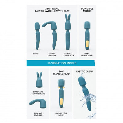 Teal 3-in-1 rechargeable wand vibrator with interchangeable heads for wand, G-spot, and clitoral stimulation, splashproof design.