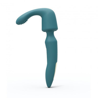 Teal rechargeable 3-in-1 wand vibrator with curved, textured head for versatile pleasure.