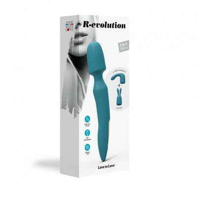 Teal rechargeable 3-in-1 wand vibrator with two interchangeable heads displayed on product packaging.