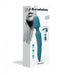 Teal rechargeable 3-in-1 wand vibrator with two interchangeable heads displayed on product packaging.
