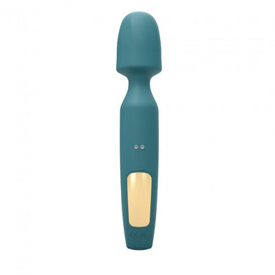 Teal rechargeable wand vibrator with smooth silicone head and gold accent control panel.