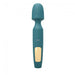 Teal rechargeable wand vibrator with smooth silicone head and gold accent control panel.
