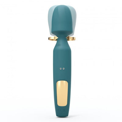 Teal rechargeable wand vibrator with gold accents and flexible head, designed for versatile massage and stimulation.