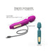 Teal and purple rechargeable wand vibrators with magnetic USB charging cable and size details.