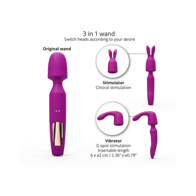 Purple 3-in-1 wand vibrator with interchangeable heads for original, clitoral stimulator, and G-spot vibrator functions.