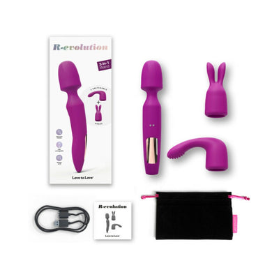 Teal rechargeable 3-in-1 wand vibrator with two interchangeable heads, USB charging cable, storage pouch, and instruction manual.