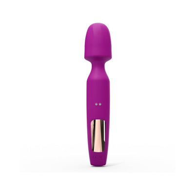 Purple rechargeable wand vibrator with ergonomic handle and smooth rounded head on white background