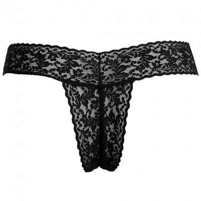Black lace G-string panty with floral pattern and scalloped edges, designed for discreet wearable pleasure device.