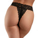 Black lace thong panty with a delicate floral pattern, shown from the back on a model.