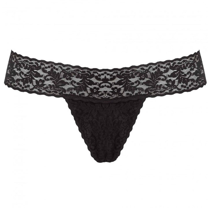 Black lace G-string panty with floral pattern and scalloped edges, designed for discreet wearable pleasure device.
