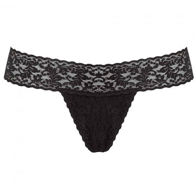 Black lace G-string panty with floral pattern and scalloped edges, designed for discreet wearable pleasure device.