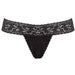 Black lace G-string panty with floral pattern and scalloped edges, designed for discreet wearable pleasure device.