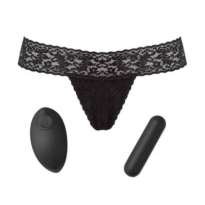 Black lace G-string panty with a compact bullet vibrator and a wireless remote control.