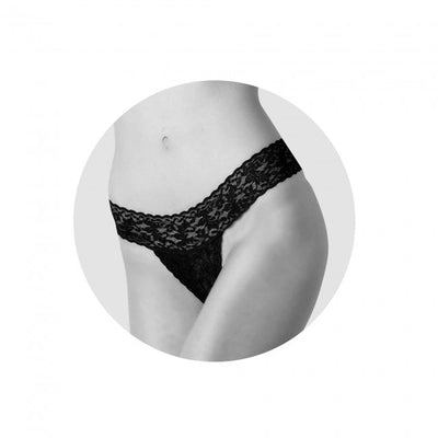 Black lace G-string panty designed for discreet wearable pleasure with a comfortable elastic waistband.