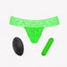 Green lace G-string panty with a matching green bullet vibrator and black wireless remote control.