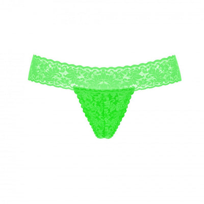 Bright green lace G-string panty with floral pattern and elastic waistband, designed for discreet wearable pleasure device.