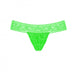 Bright green lace G-string panty with floral pattern and elastic waistband, designed for discreet wearable pleasure device.