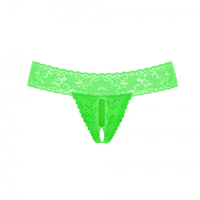 Bright green lace G-string panty with discreet built-in vibrator pocket and keyhole detail.