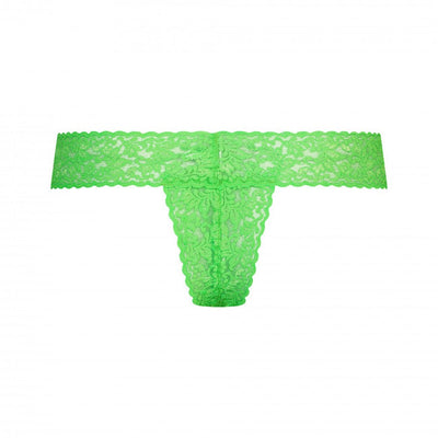Bright green lace G-string panty with floral pattern and scalloped edges, designed for discreet wearable pleasure.