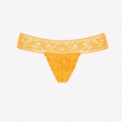 Orange lace G-string panty with floral pattern and scalloped edges on a white background.