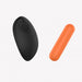 Black wireless remote control and compact orange vibrating bullet with power buttons on a white background.