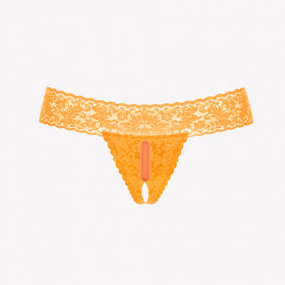 Orange lace G-string panty with a discreet built-in vibrating bullet for intimate pleasure.
