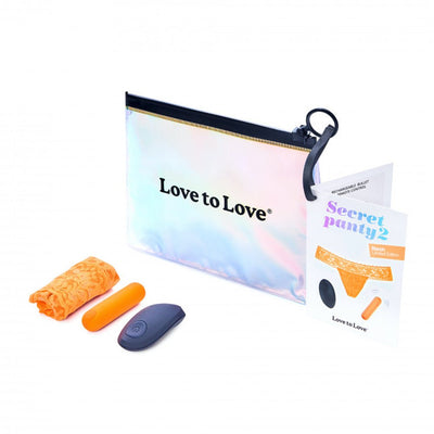Love To Love Secret Panty 2 set with orange lace panty, compact bullet vibrator, remote control, instruction booklet, and iridescent storage pouch.