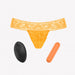 Orange lace G-string panty with a compact orange bullet vibrator and black wireless remote control.