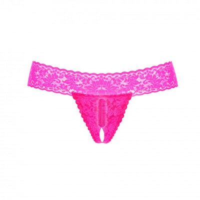 Bright pink lace G-string with a discreet built-in vibrating bullet for intimate pleasure and remote control use.