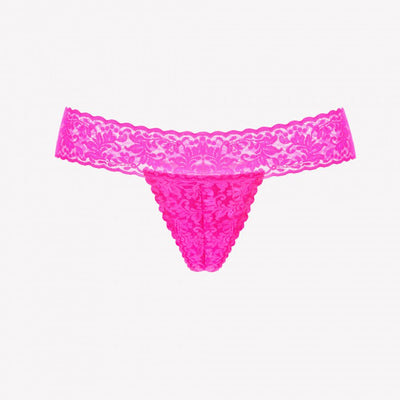 Bright pink lace G-string panty with floral pattern and scalloped edges, designed for discreet wearable pleasure.