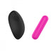 Compact black wireless remote and pink rechargeable bullet vibrator with power buttons on a white background.