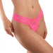 Close-up of a woman wearing bright pink lace G-string panties with a delicate floral pattern.