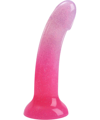 Curved 6-inch silicone dildo in pink to purple gradient with multicolor star glitter and suction base.