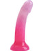 Curved 6-inch silicone dildo in pink to purple gradient with multicolor star glitter and suction base.