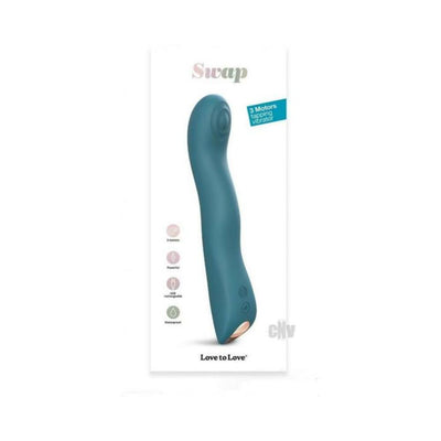 Blue silicone Love To Love Swap triple motor tapping G-spot vibrator with ergonomic curved design and control buttons.