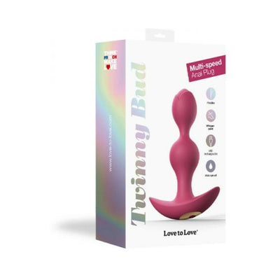 Packaging of Love to Love Twinny Bud multi-speed anal plug in pink with flexible, whisper-quiet, USB rechargeable features shown.