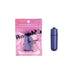 Compact purple bullet vibrator next to its pink resealable packaging with product branding and features.