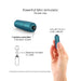 Compact teal bullet vibrator with one-button control, shown held in hand, featuring seven vibration modes and battery details.