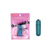 Compact teal bullet vibrator next to its pink iridescent resealable packaging with black text.