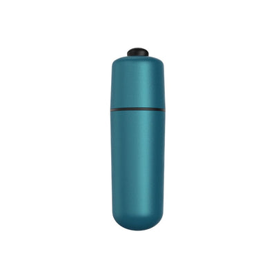 Compact teal bullet vibrator with a smooth finish and single black button control on top.