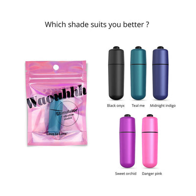 Love To Love Waouhhh bullet vibrator in five colors with packaging, shown in black onyx, teal, indigo, orchid, and pink shades.