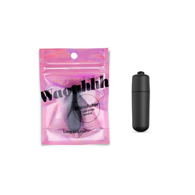 Compact black bullet vibrator next to its pink resealable packaging with product branding and vibration mode info.