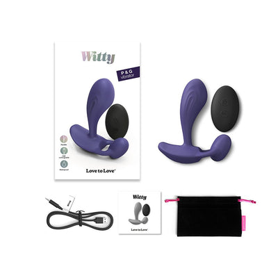 Purple silicone P & G vibrator with black remote, USB charging cable, user manual, and black storage pouch.